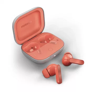 Belaidės į ausis įdedamos ausinės Motorola Moto Buds — Coral, Bluetooth 5.3, ANC, Dolby Atmos, 9 h atkūrimo (42 h su dėklu)