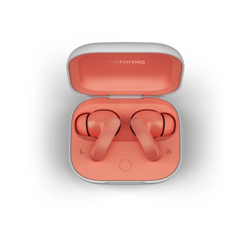 Belaidės į ausis įdedamos ausinės Motorola Moto Buds — Coral, Bluetooth 5.3, ANC, Dolby Atmos, 9 h atkūrimo (42 h su dėklu)
