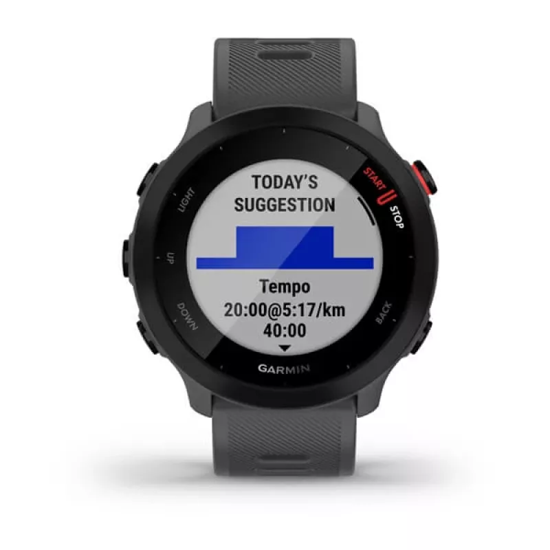 Išmanusis laikrodis GARMIN Forerunner 55, apvalus 42 mm korpusas, pilkos spalvos, silikoninis dirželis, GPS/GLONASS/Galileo, 5 ATM atsparumas vandeniui