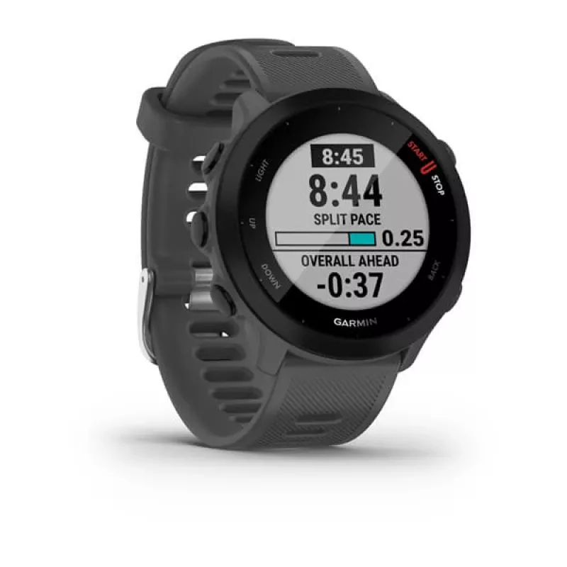 Išmanusis laikrodis GARMIN Forerunner 55, apvalus 42 mm korpusas, pilkos spalvos, silikoninis dirželis, GPS/GLONASS/Galileo, 5 ATM atsparumas vandeniui