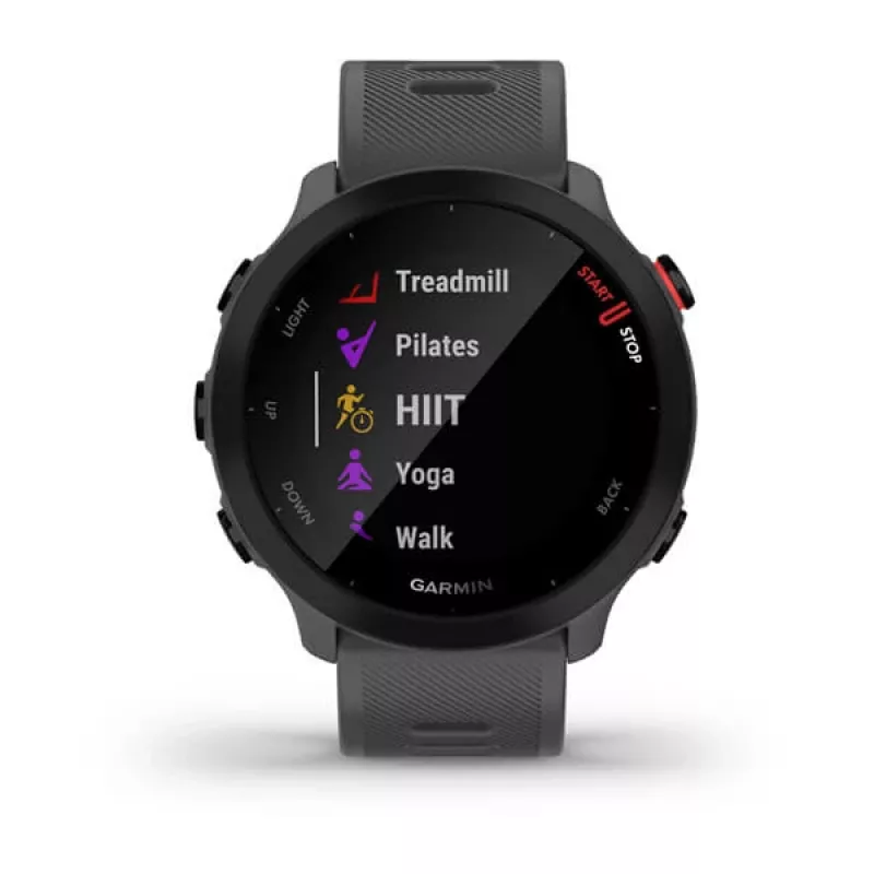 Išmanusis laikrodis GARMIN Forerunner 55, apvalus 42 mm korpusas, pilkos spalvos, silikoninis dirželis, GPS/GLONASS/Galileo, 5 ATM atsparumas vandeniui