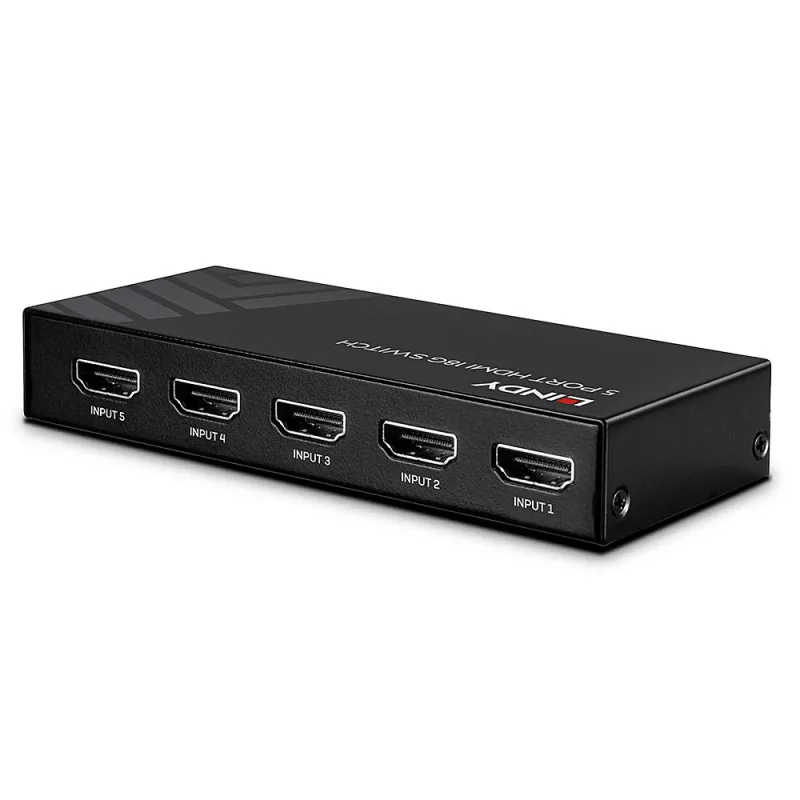 Lindy 5 prievadų HDMI 18G jungiklis, HDMI, metalas, juodas, 18 Gbit/s, RF, 4K Ultra HD