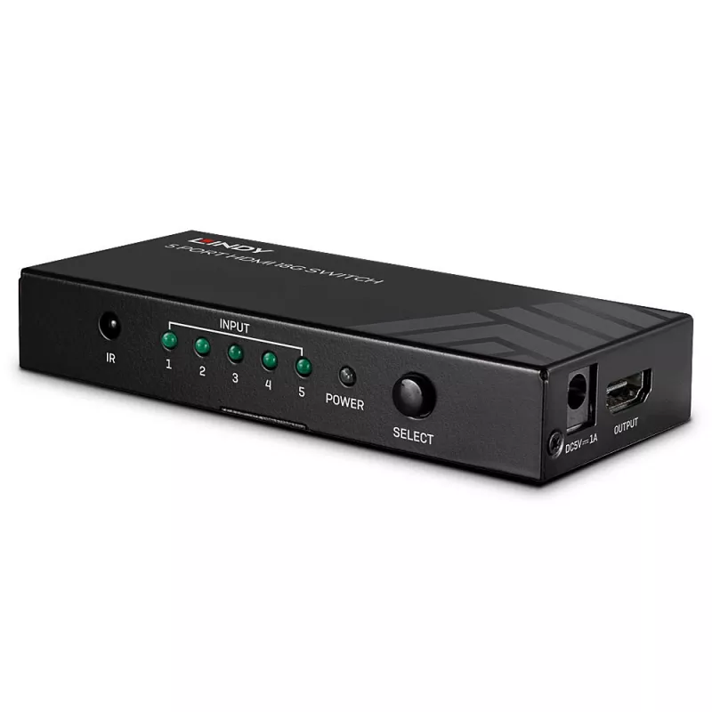 Lindy 5 prievadų HDMI 18G jungiklis, HDMI, metalas, juodas, 18 Gbit/s, RF, 4K Ultra HD