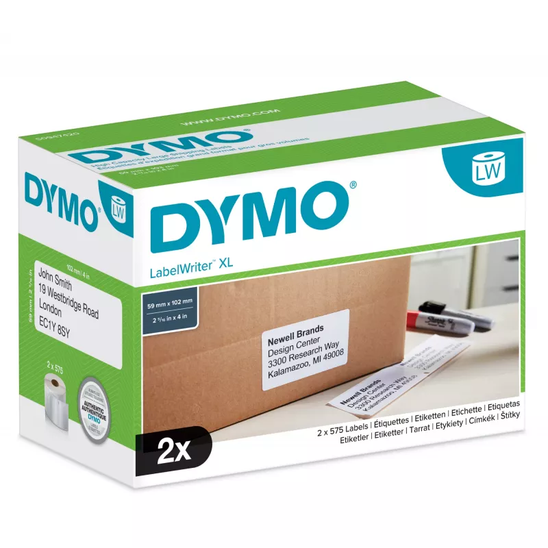 DYMO Authentic LabelWriter didelio našumo siuntimo etiketės | (59 mm x 102 mm) | 2 ritinėliai po 575 lengvai nulupamas etiketes (1 150 siuntimo etikečių) | lipnios | LabelWriter 4XL/5XL etikečių spausdintuvams