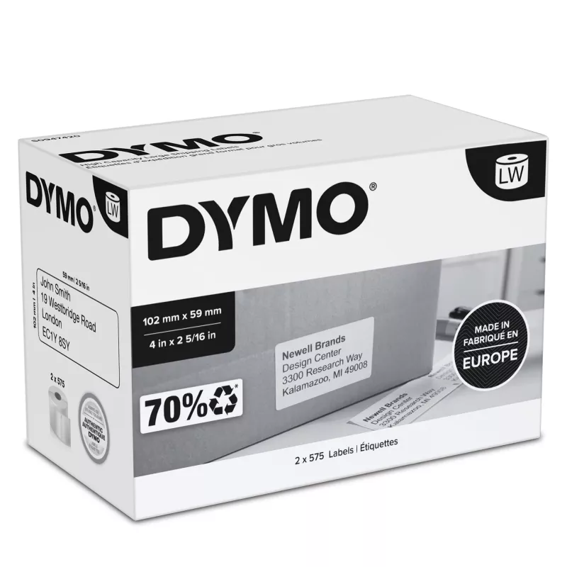 DYMO Authentic LabelWriter didelio našumo siuntimo etiketės | (59 mm x 102 mm) | 2 ritinėliai po 575 lengvai nulupamas etiketes (1 150 siuntimo etikečių) | lipnios | LabelWriter 4XL/5XL etikečių spausdintuvams