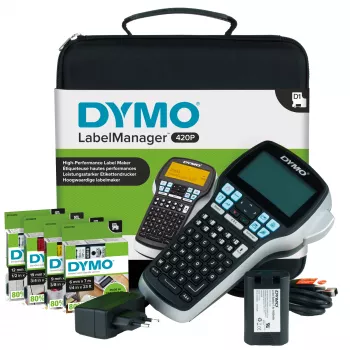 DYMO LabelManager 420P aukštos kokybės įkraunamas nešiojamasis etikečių spausdintuvas rinkinys | ABC klaviatūra su 4 D1 etikečių ritiniais ir nešiojimo dėklu