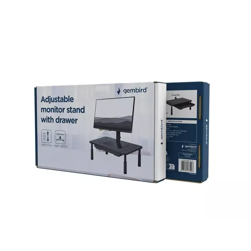 Monitoriaus stovas GEMBIRD MS-TABLE-D-01 — aukščio reguliuojamas darbastalio stovas su 1 stalčiumi, plieninis, 140 mm aukščio, skirtas 1 monitoriui, 20 kg talpos