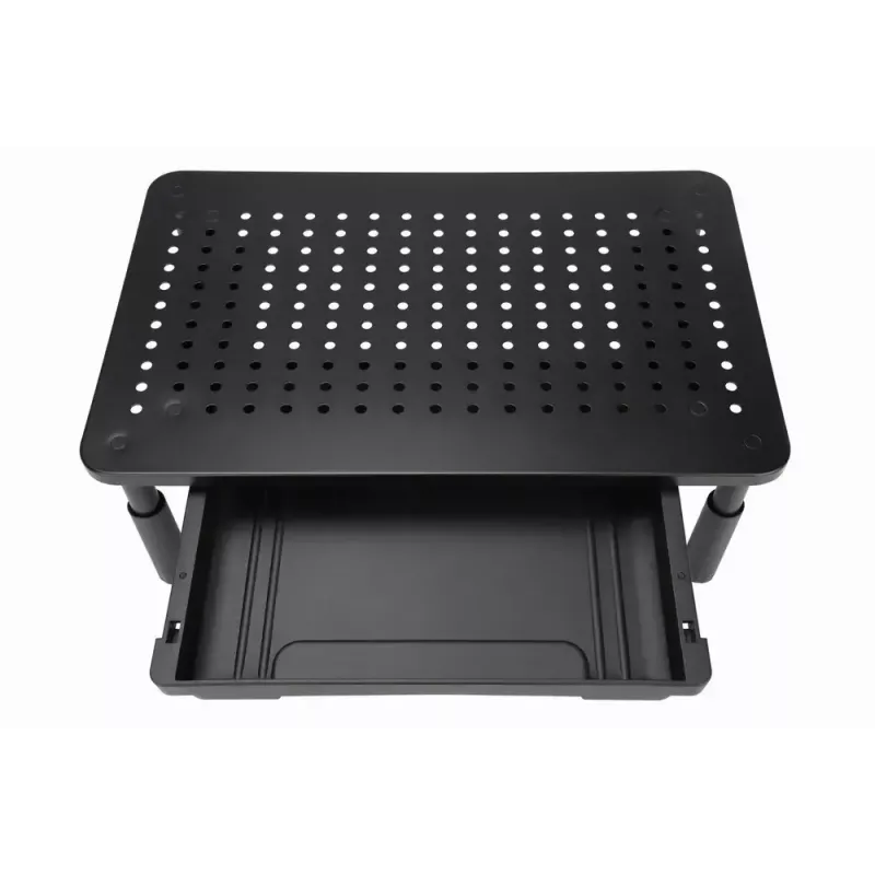 Monitoriaus stovas GEMBIRD MS-TABLE-D-01 — aukščio reguliuojamas darbastalio stovas su 1 stalčiumi, plieninis, 140 mm aukščio, skirtas 1 monitoriui, 20 kg talpos