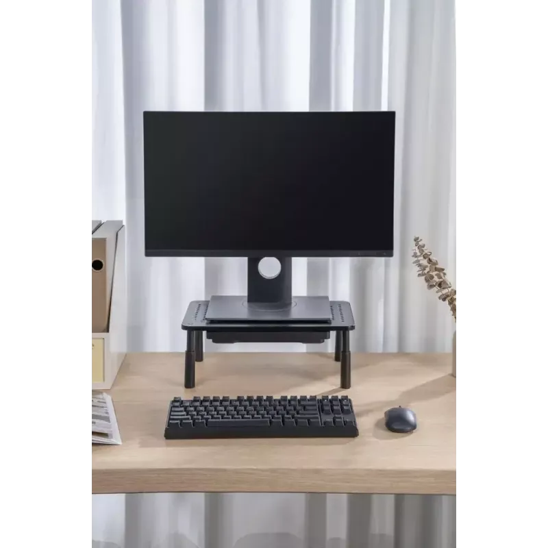 Monitoriaus stovas GEMBIRD MS-TABLE-D-01 — aukščio reguliuojamas darbastalio stovas su 1 stalčiumi, plieninis, 140 mm aukščio, skirtas 1 monitoriui, 20 kg talpos