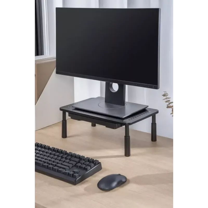 Monitoriaus stovas GEMBIRD MS-TABLE-D-01 — aukščio reguliuojamas darbastalio stovas su 1 stalčiumi, plieninis, 140 mm aukščio, skirtas 1 monitoriui, 20 kg talpos
