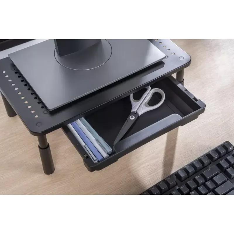 Monitoriaus stovas GEMBIRD MS-TABLE-D-01 — aukščio reguliuojamas darbastalio stovas su 1 stalčiumi, plieninis, 140 mm aukščio, skirtas 1 monitoriui, 20 kg talpos