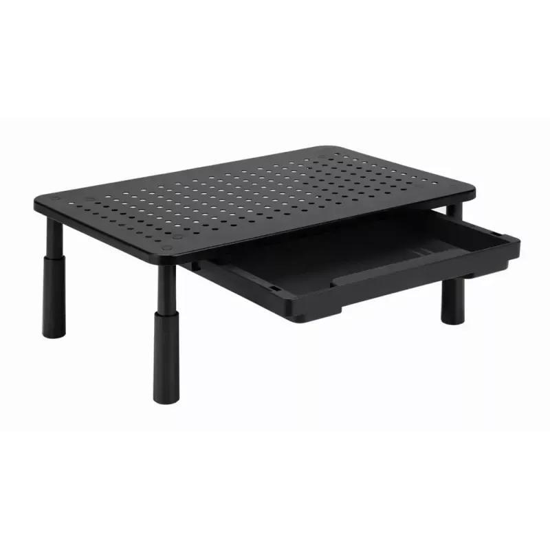 Monitoriaus stovas GEMBIRD MS-TABLE-D-01 — aukščio reguliuojamas darbastalio stovas su 1 stalčiumi, plieninis, 140 mm aukščio, skirtas 1 monitoriui, 20 kg talpos