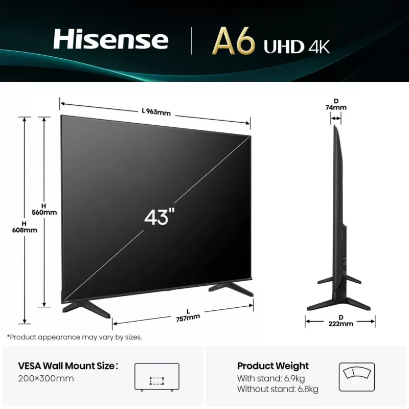 Televizorius Hisense 43A6Q 43 colių 4K Ultra HD LED išmanusis televizorius, VIDAA, HDR10+, Direct-LED, 3×HDMI, Wi‑Fi, Bluetooth