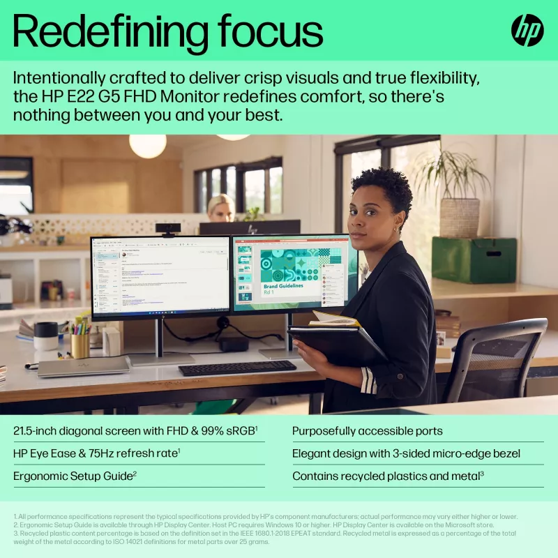 HP E-Series E22 G5 FHD Monitorius, 54,6 cm (21,5 colio), 1920 x 1080 pikselių, Full HD, LCD, 5 ms, juoda, sidabrinė