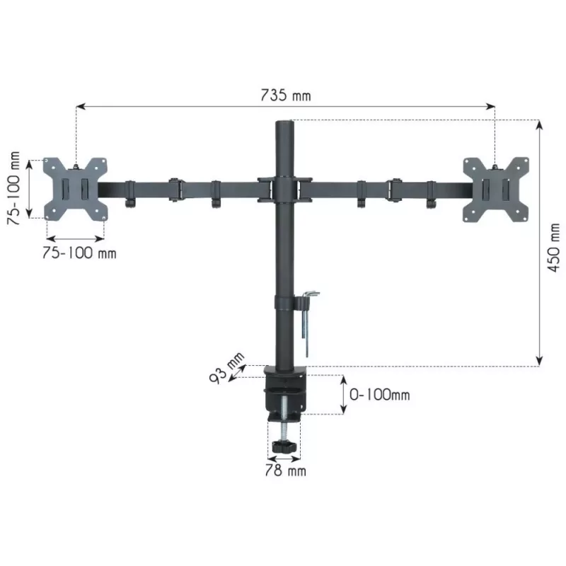 Monitor mount TECHLY ICA-LCD-382-D for 2 displays, desk clamp, up to 27 inch, 20 kg, VESA 75x75–100x100, Juoda