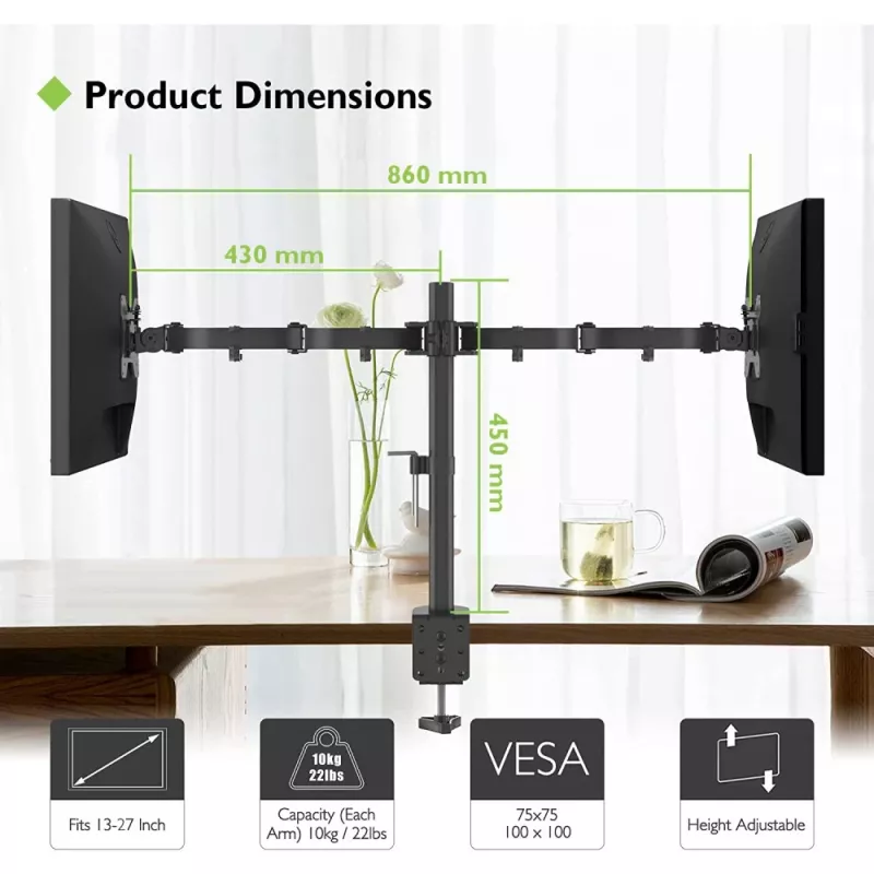 Monitor mount TECHLY ICA-LCD-382-D for 2 displays, desk clamp, up to 27 inch, 20 kg, VESA 75x75–100x100, Juoda