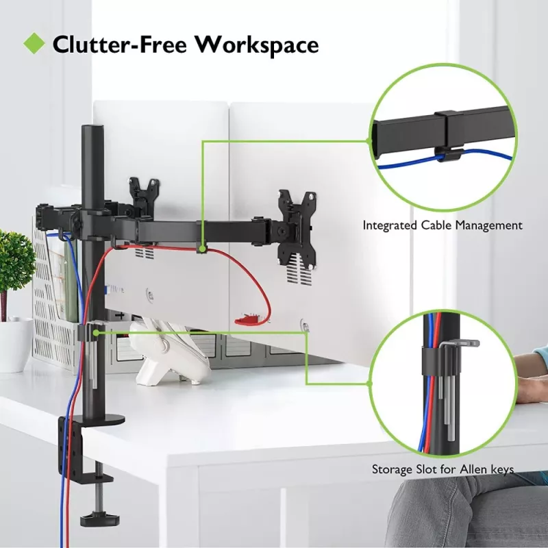 Monitor mount TECHLY ICA-LCD-382-D for 2 displays, desk clamp, up to 27 inch, 20 kg, VESA 75x75–100x100, Juoda