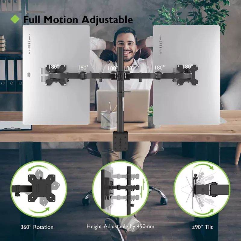 Monitor mount TECHLY ICA-LCD-382-D for 2 displays, desk clamp, up to 27 inch, 20 kg, VESA 75x75–100x100, Juoda