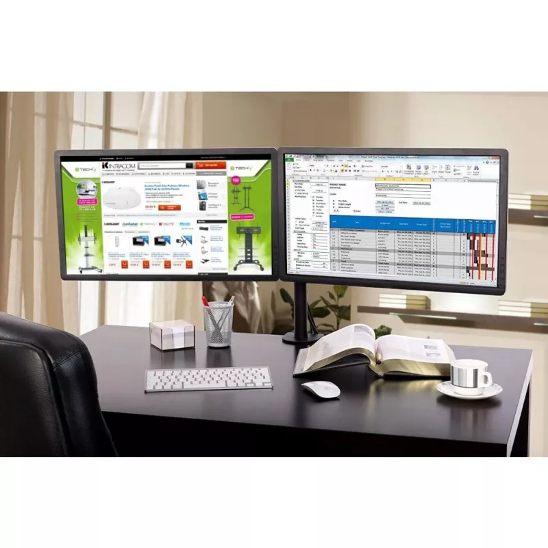 Monitor mount TECHLY ICA-LCD-382-D for 2 displays, desk clamp, up to 27 inch, 20 kg, VESA 75x75–100x100, Juoda