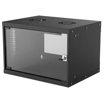 Prie sienos tvirtinamas tinklo stovas INTELLINET 714143 — 6U 19 colių, 540×400×353 mm, cinkuotas plienas, stiklinis priekis, IP20, maks. 50 kg