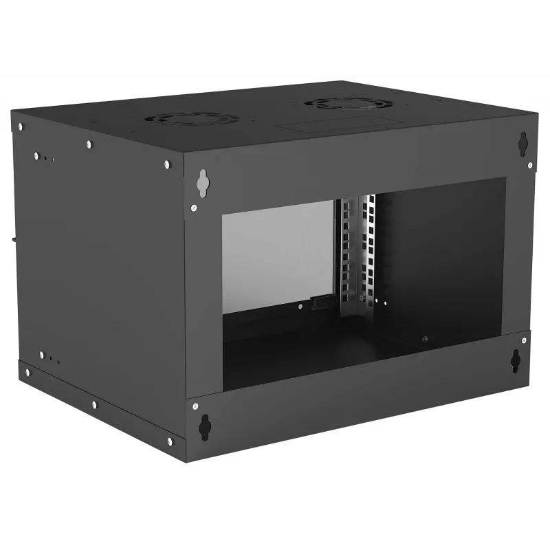 Prie sienos tvirtinamas tinklo stovas INTELLINET 714143 — 6U 19 colių, 540×400×353 mm, cinkuotas plienas, stiklinis priekis, IP20, maks. 50 kg