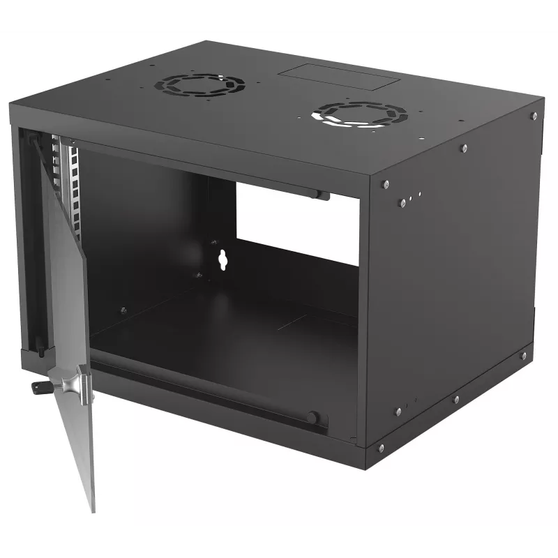 Prie sienos tvirtinamas tinklo stovas INTELLINET 714143 — 6U 19 colių, 540×400×353 mm, cinkuotas plienas, stiklinis priekis, IP20, maks. 50 kg