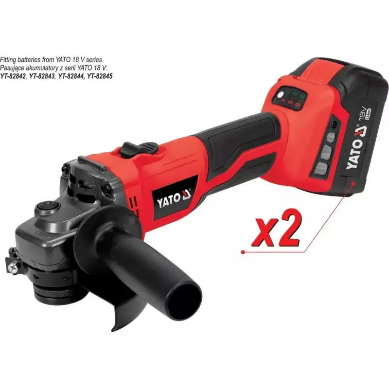 Kampinis šlifuoklis YATO YT-828295, belaidis 18 V, bešepetėlis, 125 mm diskas, 2x 4 Ah Li-Ion baterijos, 1,26 kg