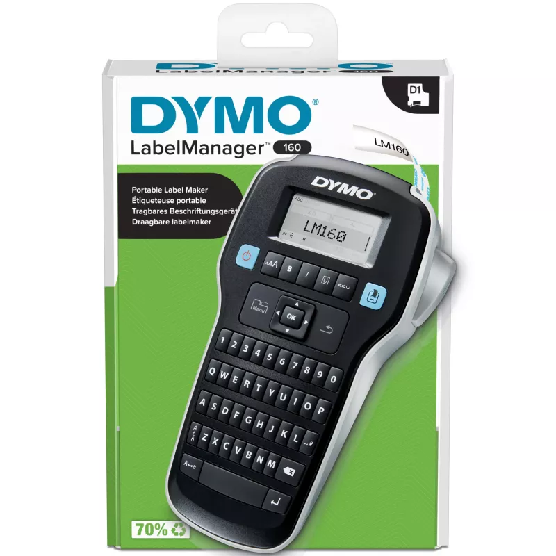 DYMO LabelManager 160 etikečių spausdintuvas | Nešiojamas etikečių spausdintuvas su QWERTY klaviatūra | Komplekte juoda ir balta D1 etikečių juosta (12 mm) | Namams ir biurui