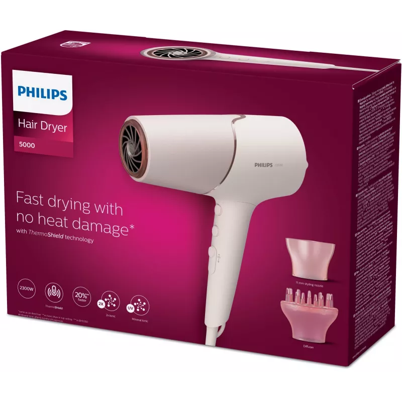 Plaukų džiovintuvas Philips BHD530/00 2300 W, 6 greičių / 6 temperatūrų nustatymai, joninė funkcija, šalto oro srovė, difuzorius ir koncentratorius, rausvas