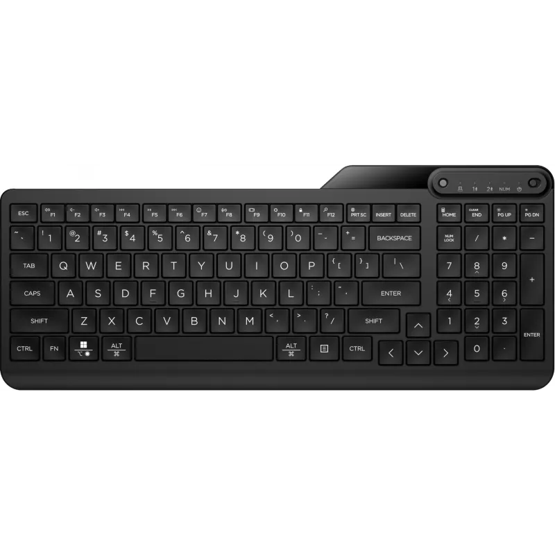 Belaidė klaviatūra HP 475 Dual-Mode — viso dydžio QWERTY, RF + Bluetooth 5.3, skaitmenų klaviatūra, juoda, 376×153×19 mm