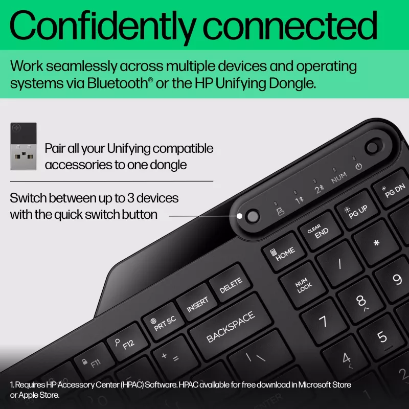 Belaidė klaviatūra HP 475 Dual-Mode — viso dydžio QWERTY, RF + Bluetooth 5.3, skaitmenų klaviatūra, juoda, 376×153×19 mm