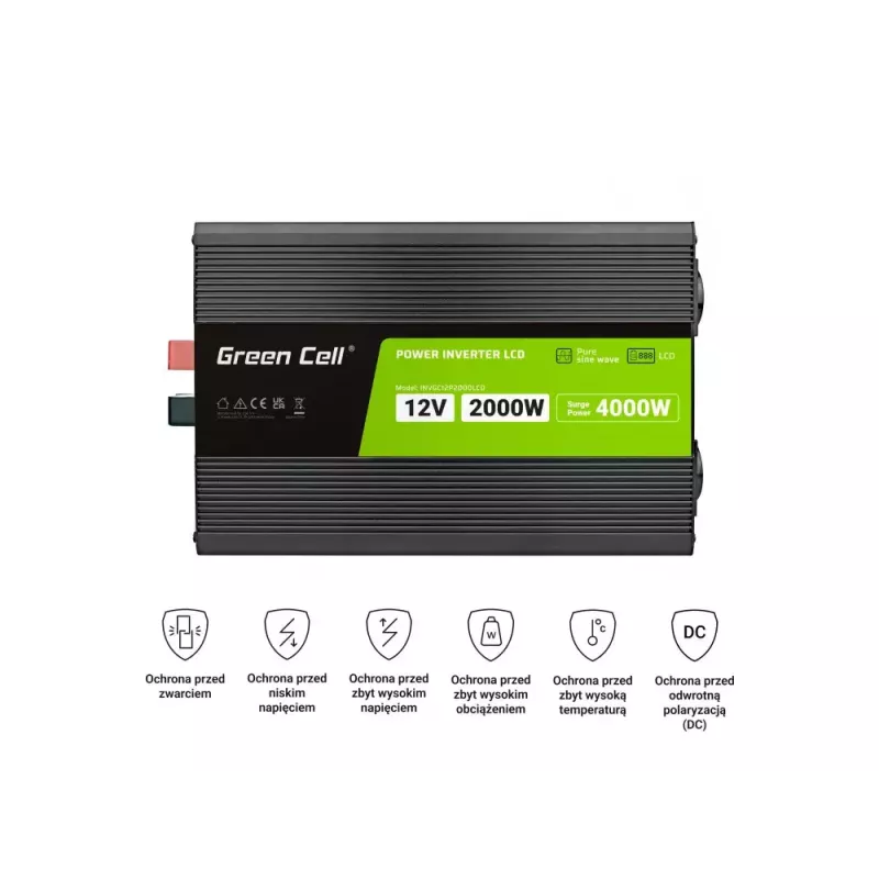 Automobilinis keitiklis Green Cell INVGC12P2000LCD 2000W 12V į 230V gryna sinusinė banga, LCD, 1×USB, 2×aux