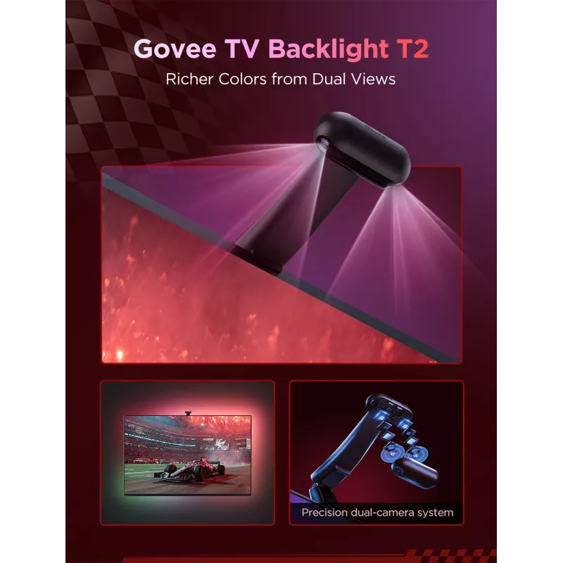 LED šviesos juosta Govee Envisual TV Backlight T2 su dviem kameromis, skirta 75–85 colių televizoriams