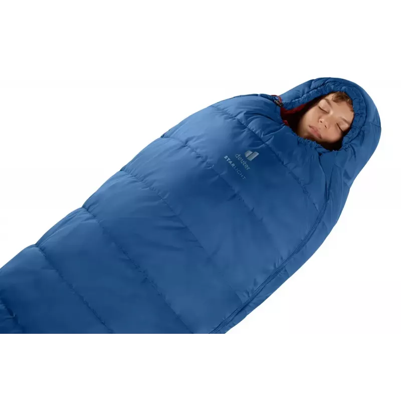 Muminis miegmaišis vaikams DEUTER Starlight 130–170 cm ūgiui, tuščiavidurio pluošto užpildas, vasarinis, 910 g, su gobtuvu, nightblue/redwood