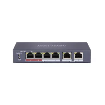 Nevaldomas komutatorius Hikvision DS-3E0106P-E/M — 6x 10/100 Fast Ethernet, 4x PoE prievadai (30 W/prievadui), metalinis korpusas, 48 V DC įvestis