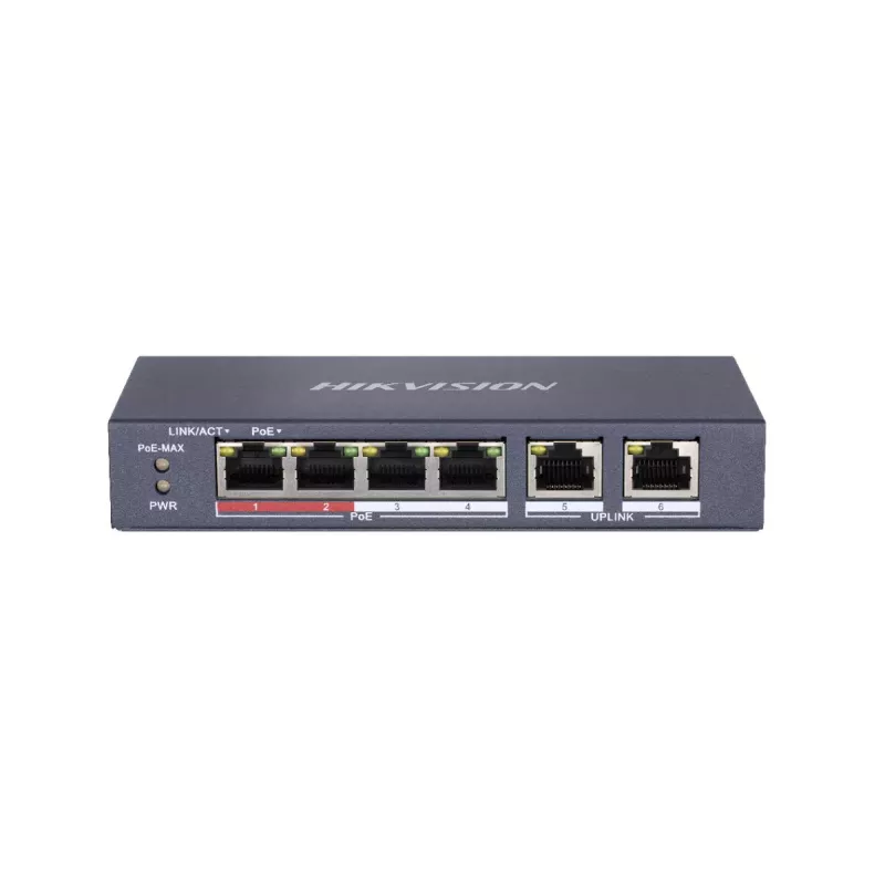 Nevaldomas komutatorius Hikvision DS-3E0106P-E/M — 6x 10/100 Fast Ethernet, 4x PoE prievadai (30 W/prievadui), metalinis korpusas, 48 V DC įvestis