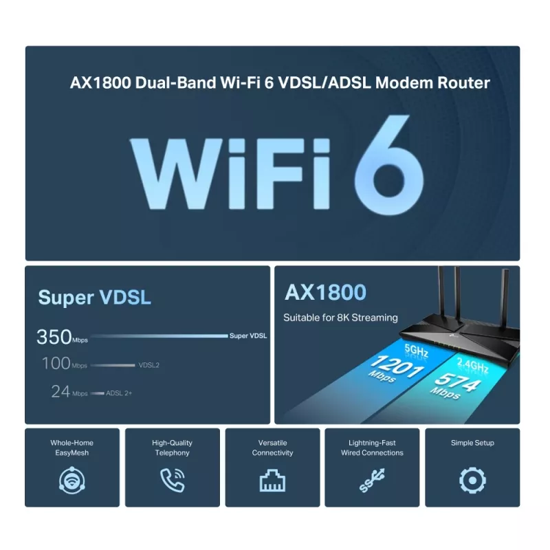 TP-Link Archer AX1800 dviejų juostų „Wi-Fi 6“ VDSL/ADSL maršrutizatorius-modemas