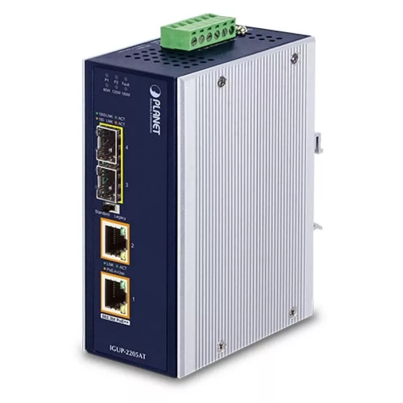 PLANET Industrinis medijos keitiklis 2x100/1000X SFP į 2x10/100/1000T 802.3bt PoE++