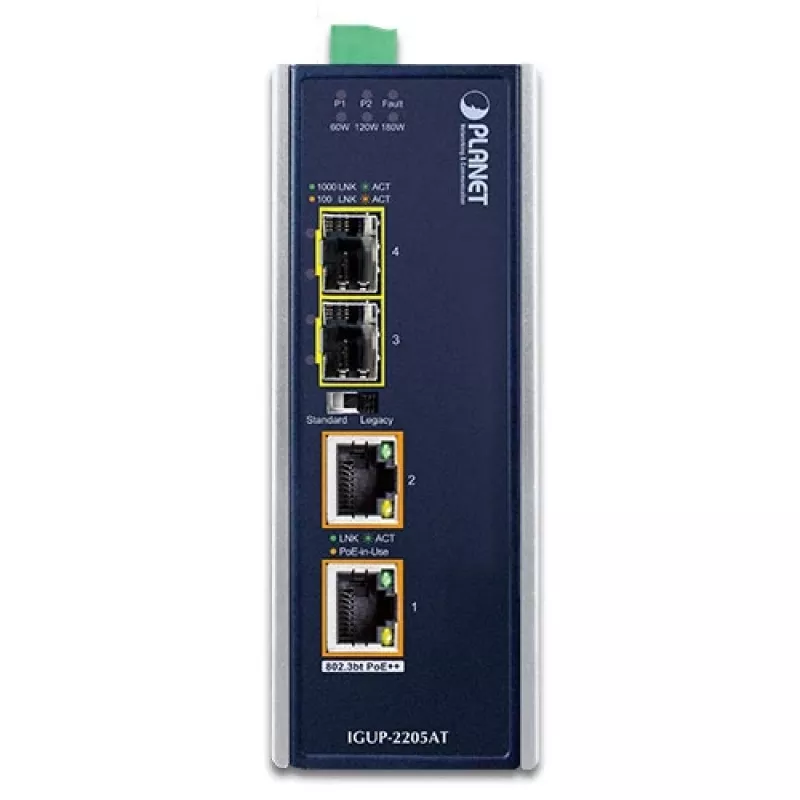 PLANET Industrinis medijos keitiklis 2x100/1000X SFP į 2x10/100/1000T 802.3bt PoE++