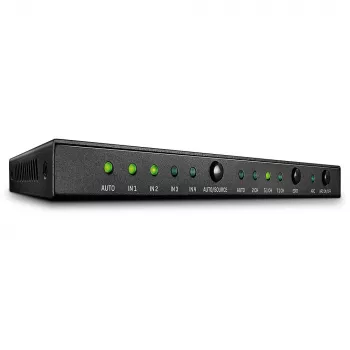 Lindy 4 prievadų HDMI 18G jungiklis su garsu, HDMI, metalinis, juodas, 18 Gbit/s, 3840 × 2160 taškų, 5.1 kanalai