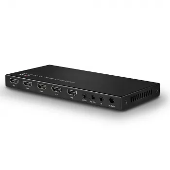 Lindy 4 prievadų HDMI 18G jungiklis su garsu, HDMI, metalinis, juodas, 18 Gbit/s, 3840 × 2160 taškų, 5.1 kanalai