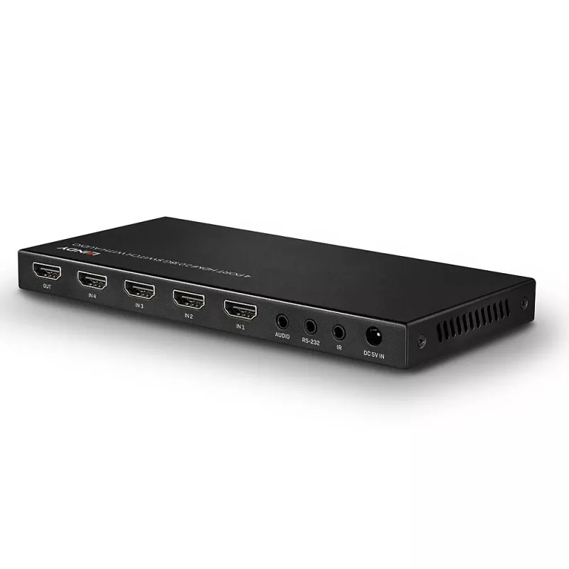 Lindy 4 prievadų HDMI 18G jungiklis su garsu, HDMI, metalinis, juodas, 18 Gbit/s, 3840 × 2160 taškų, 5.1 kanalai