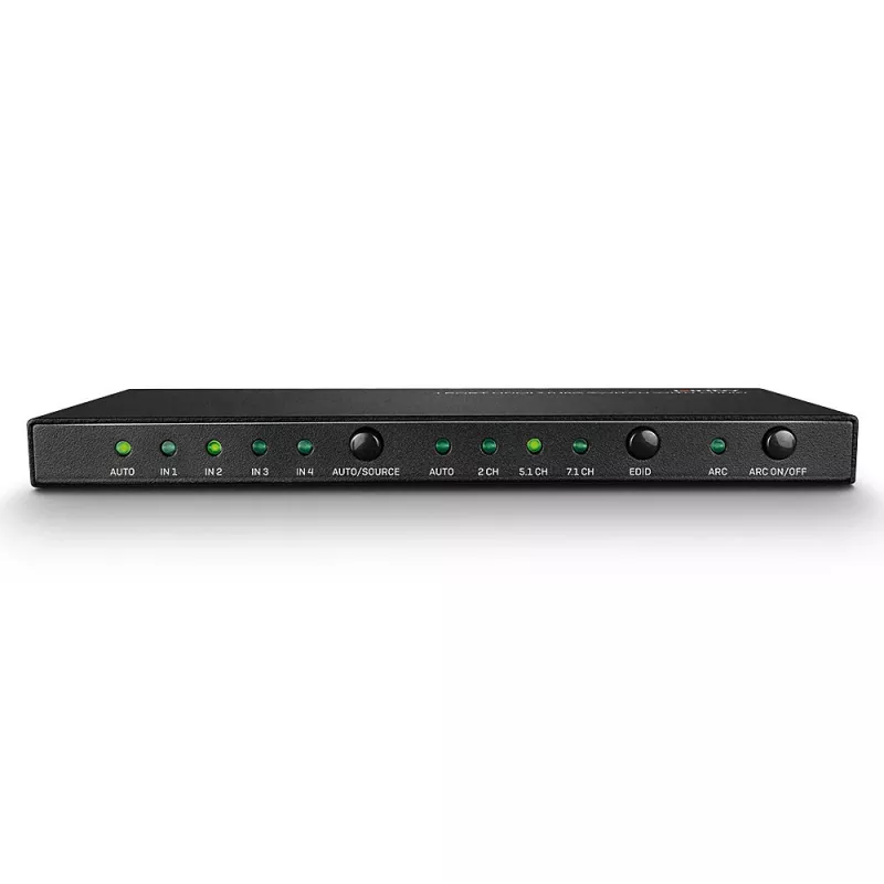 Lindy 4 prievadų HDMI 18G jungiklis su garsu, HDMI, metalinis, juodas, 18 Gbit/s, 3840 × 2160 taškų, 5.1 kanalai