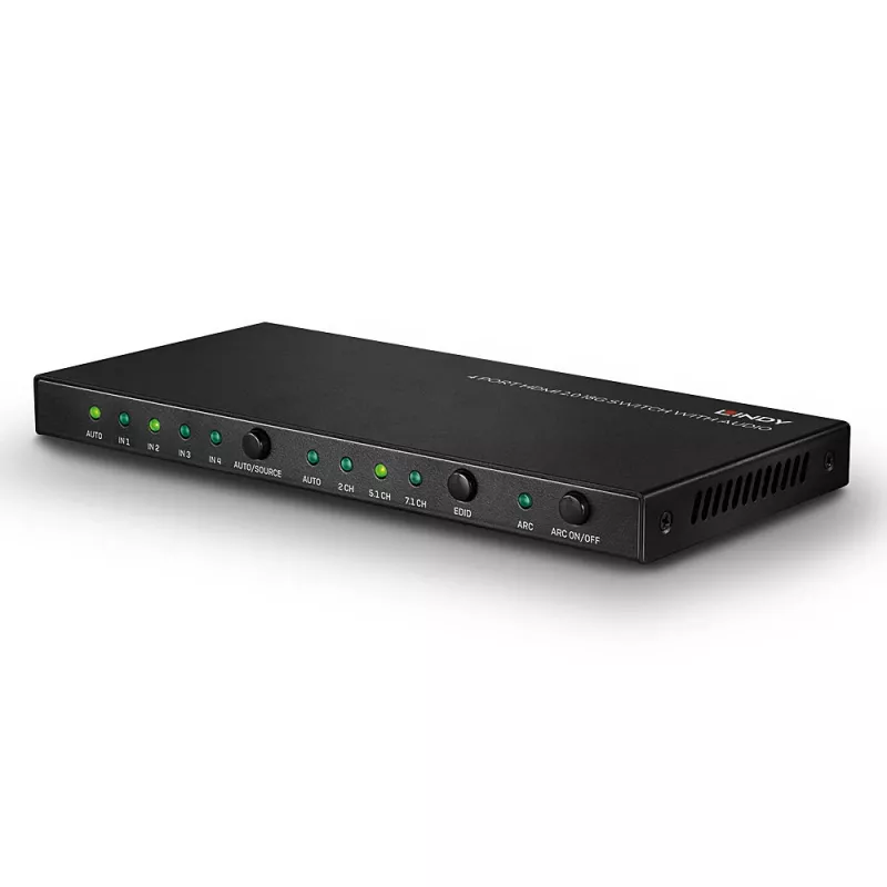 Lindy 4 prievadų HDMI 18G jungiklis su garsu, HDMI, metalinis, juodas, 18 Gbit/s, 3840 × 2160 taškų, 5.1 kanalai