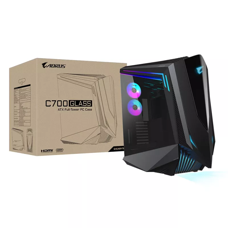 GIGABYTE AORUS C700 GLASS PC korpusas - Full Tower, palaiko iki E-ATX ir 420 mm radiatorius, iš anksto sumontuoti 5x 120 mm ventiliatoriai, USB 3.1 Type-C, RGB Fusion