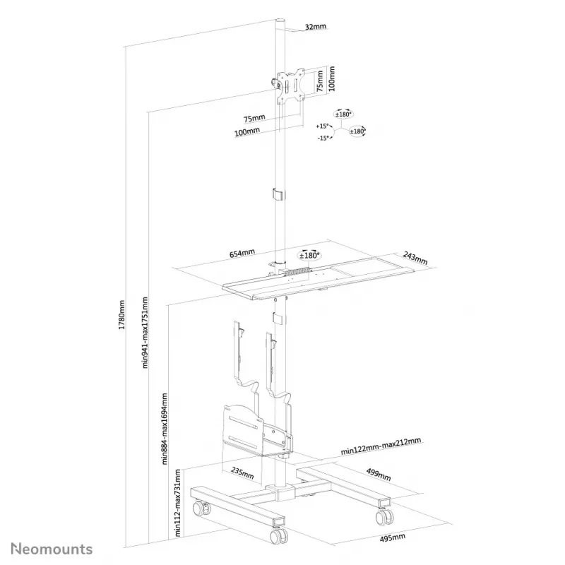Neomounts FPMA-MOBILE1700 mobilioji darbo vieta 10-32 col.
