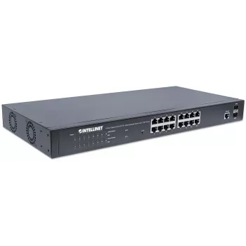 Intellinet 16 prievadų gigabitinio eterneto PoE+ žiniatinklio valdomas jungiklis su 2 SFP prievadais, atitinka IEEE 802.3at/af Power over Ethernet (PoE+/PoE), 374 W, Endspan, 19 colių stovo montavimui
