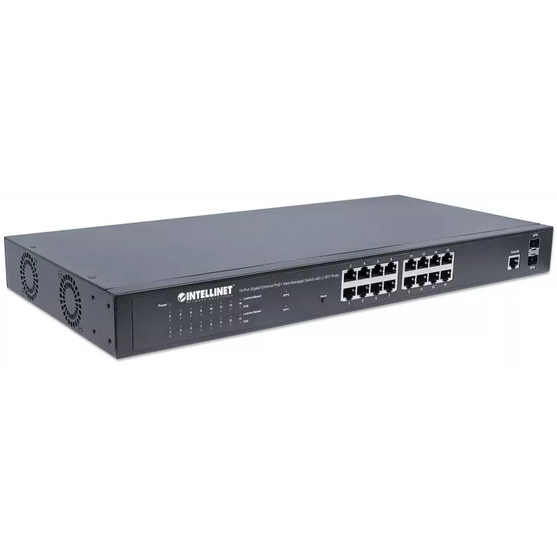Intellinet 16 prievadų gigabitinio eterneto PoE+ žiniatinklio valdomas jungiklis su 2 SFP prievadais, atitinka IEEE 802.3at/af Power over Ethernet (PoE+/PoE), 374 W, Endspan, 19 colių stovo montavimui