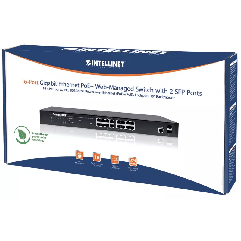 Intellinet 16 prievadų gigabitinio eterneto PoE+ žiniatinklio valdomas jungiklis su 2 SFP prievadais, atitinka IEEE 802.3at/af Power over Ethernet (PoE+/PoE), 374 W, Endspan, 19 colių stovo montavimui