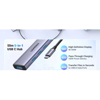UGREEN nešiojamojo kompiuterio dokas 15596 USB 3.2 Gen 1 Type-A + Type-C, 3× USB-A, 1× USB-C PD 100W, 1× HDMI 2.0, aliuminis